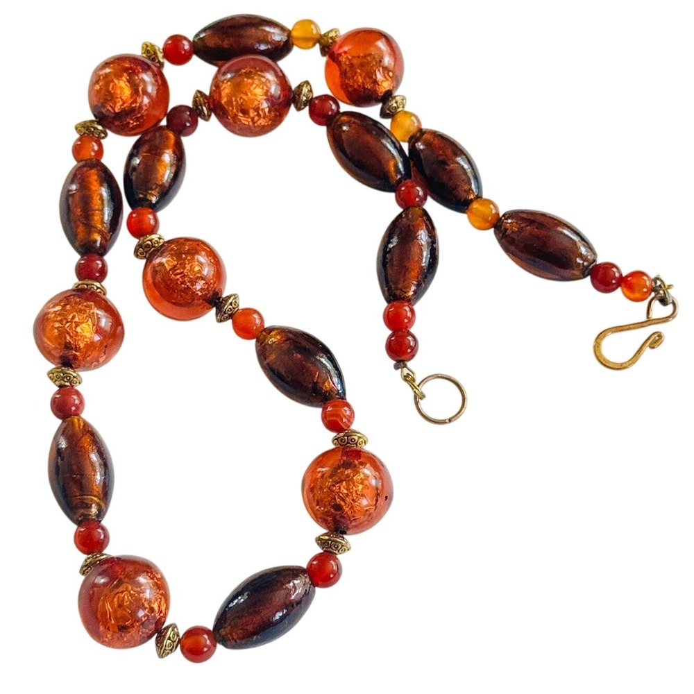 VTG Art Glass Necklace Venetian Murano beaded foil Cognac Brown rare beads‎ 20"L